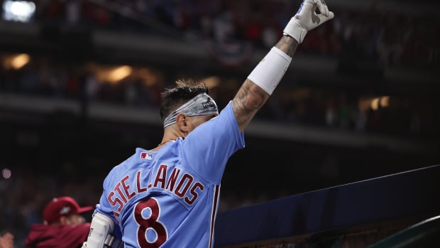 Oct 12, 2023; Philadelphia, Pennsylvania, USA; Philadelphia Phillies right fielder Nick Castellanos (8) celebrates after hitting a solo home run against the Atlanta Braves during the sixth inning during game four of the NLDS for the 2023 MLB playoffs at Citizens Bank Park. Mandatory Credit: Bill Streicher-USA TODAY Sports  
